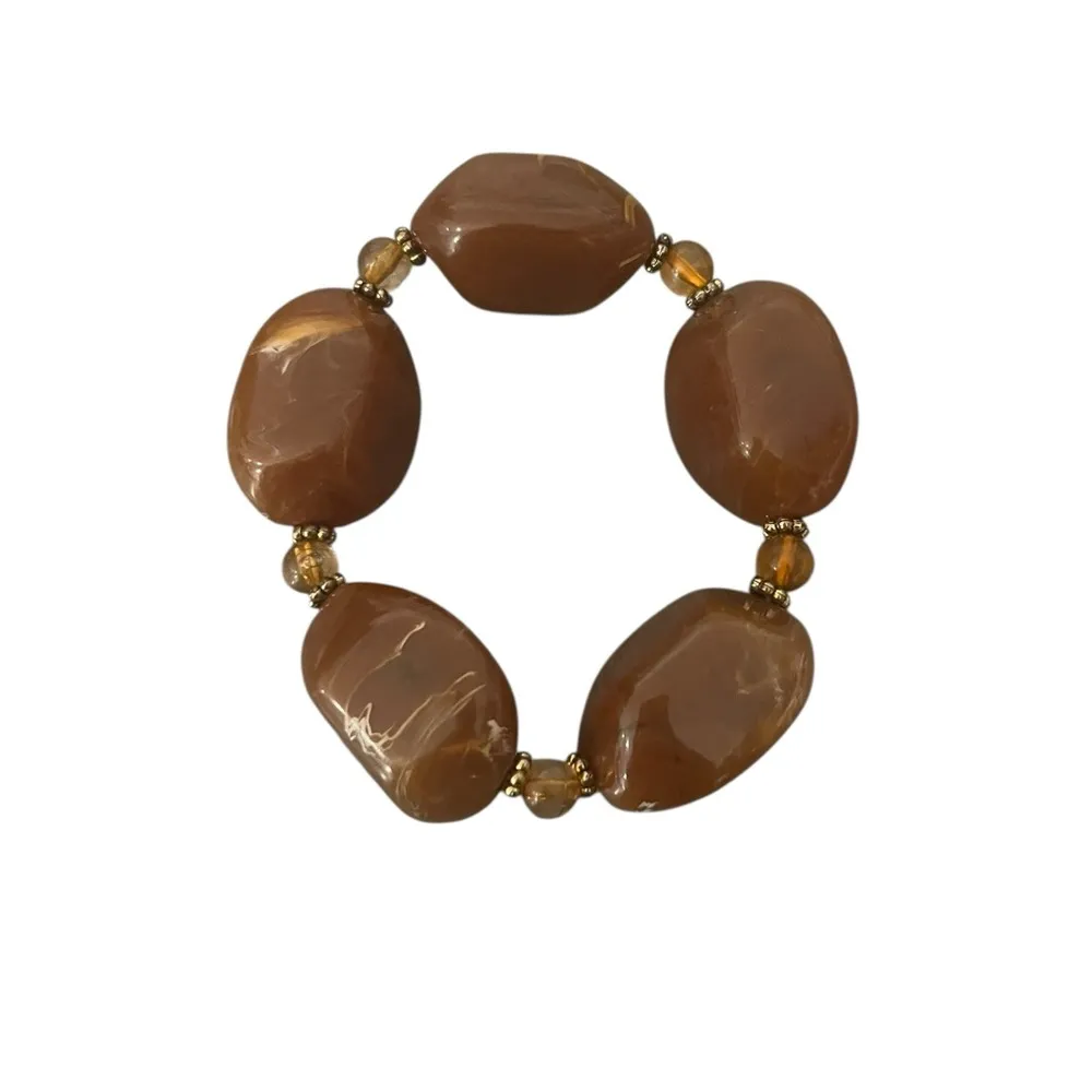 Vintage Estate Retro 80s Chunky Amber Brown Marbled Beaded Stretch Bracelet OSFM - Image 3