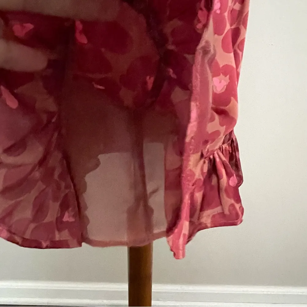 Dress Forum Dress Mini Floral Satin Silky Ruffle Puffed Sleeves Lined Pink Red - Image 8