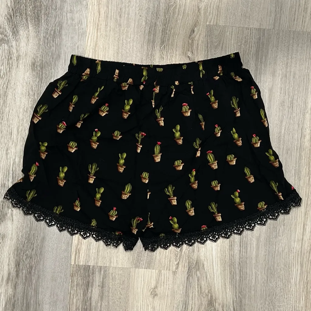 Allegra K Black Cactus Elastic Waist High Rise Lounge Shorts Lace Trim Size S - Image 7