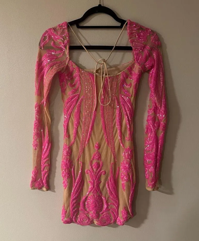 Lucy in the Sky Giulia Iridescent Sequin Mesh Dress in Pink SZ S - Image 8