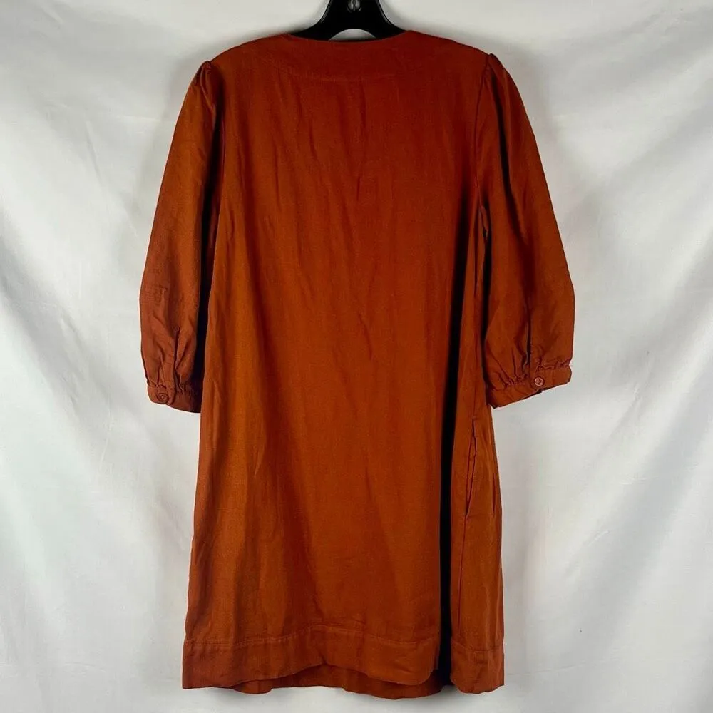 Who What Wear Burnt Orange Linen Blend Lace-Up Neckline Puff Sleeve Dress Small - Image 3