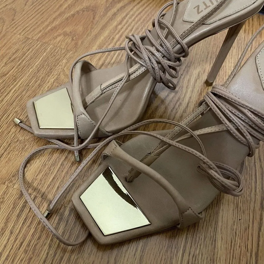 SCHUTZ Tan Strappy Stiletto wrap up heels size US 10 - Image 3