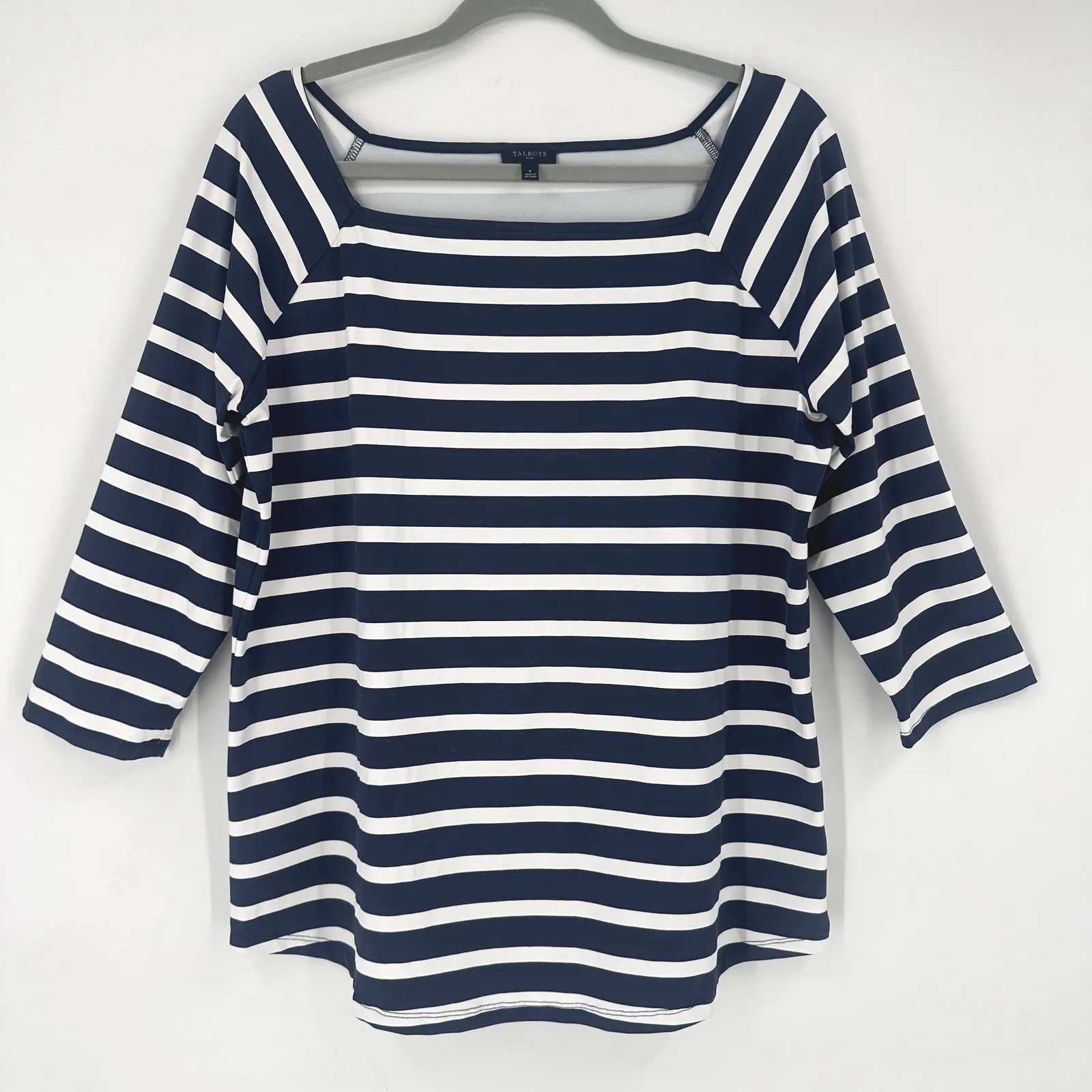 Talbots Jersey Knit Navy White Striped Square Neck 3/4 Sleeve Top Size XL - Image 2