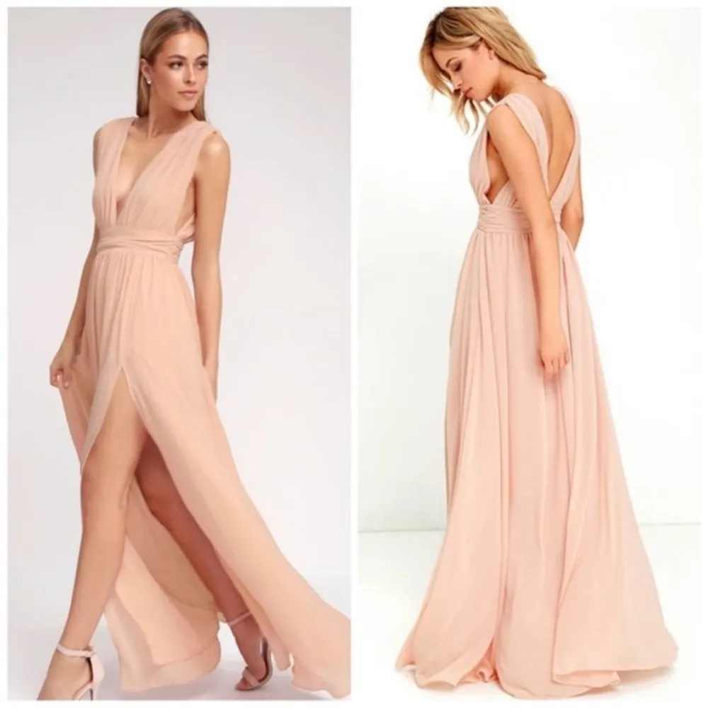 Womens New LuLus Heavenly Hues Deep V Neck High Slit Maxi Dress Blush Pi… - Image 2