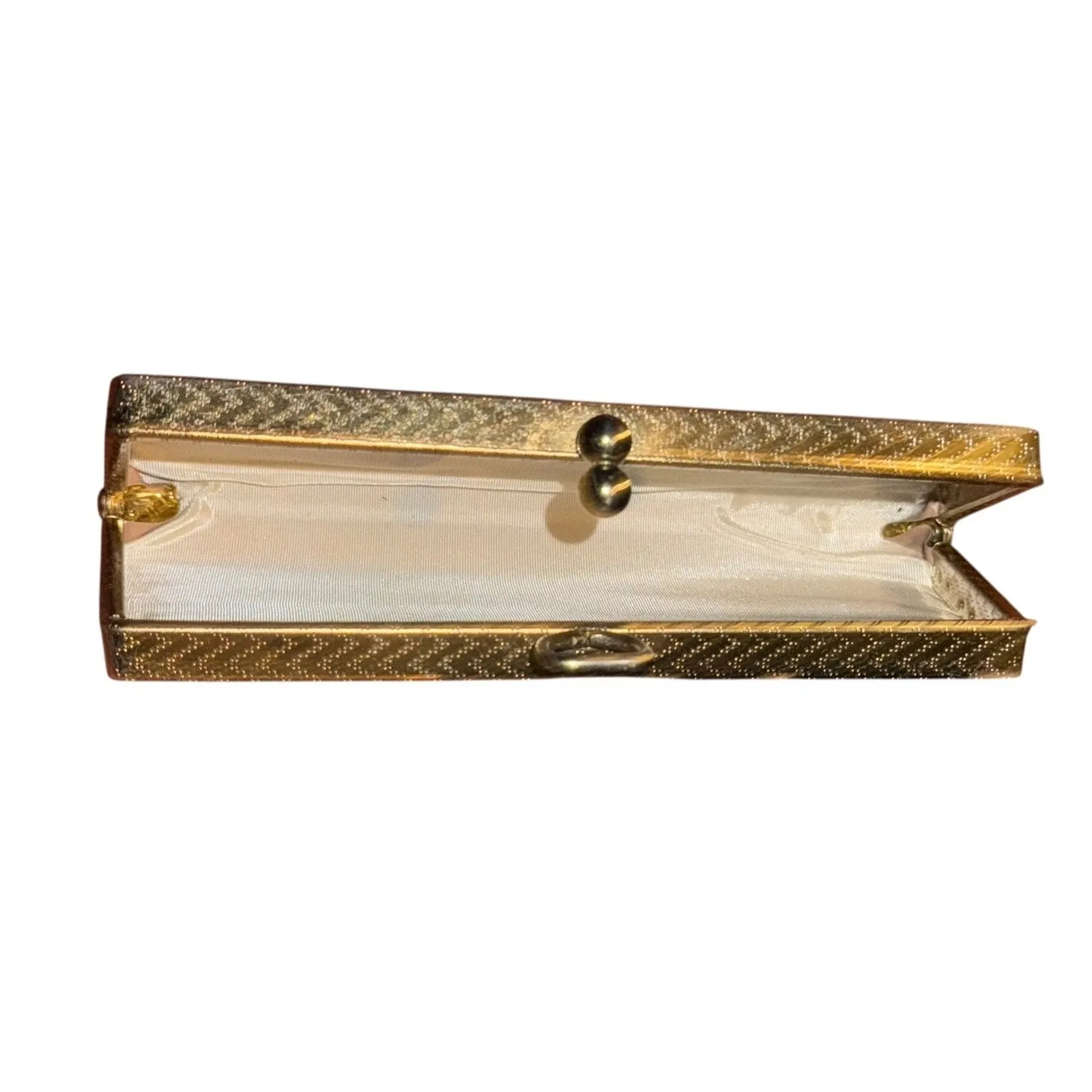 Vintage Gold Tone Floral Etched Metal Vanity Trinket Case Lined Formal Dinner - Image 7