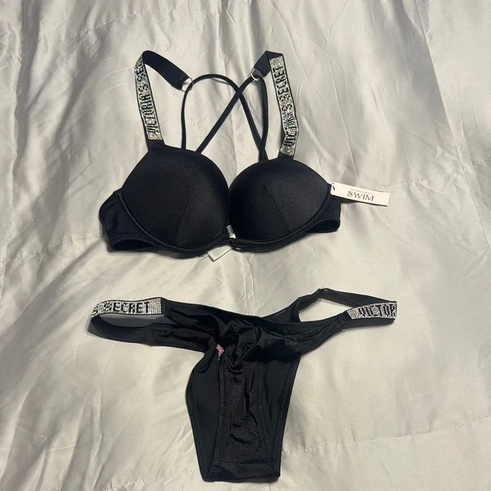 Victoria's Secret BOMBSHELL Push Up SWIM SET rhinestones shine black logo 34B M - Image 2