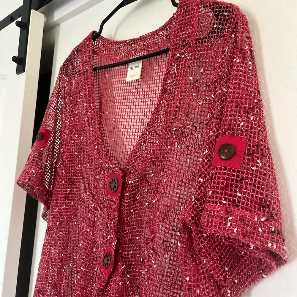 Blair Women’s Open Knit Mesh Red Over Shirt Top Boho Arsty Button Large Coverup - Image 4
