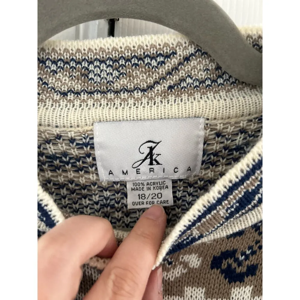 Vintage Tribal Print Blue & Beige Mockneck Sweater Size 18 - Image 4