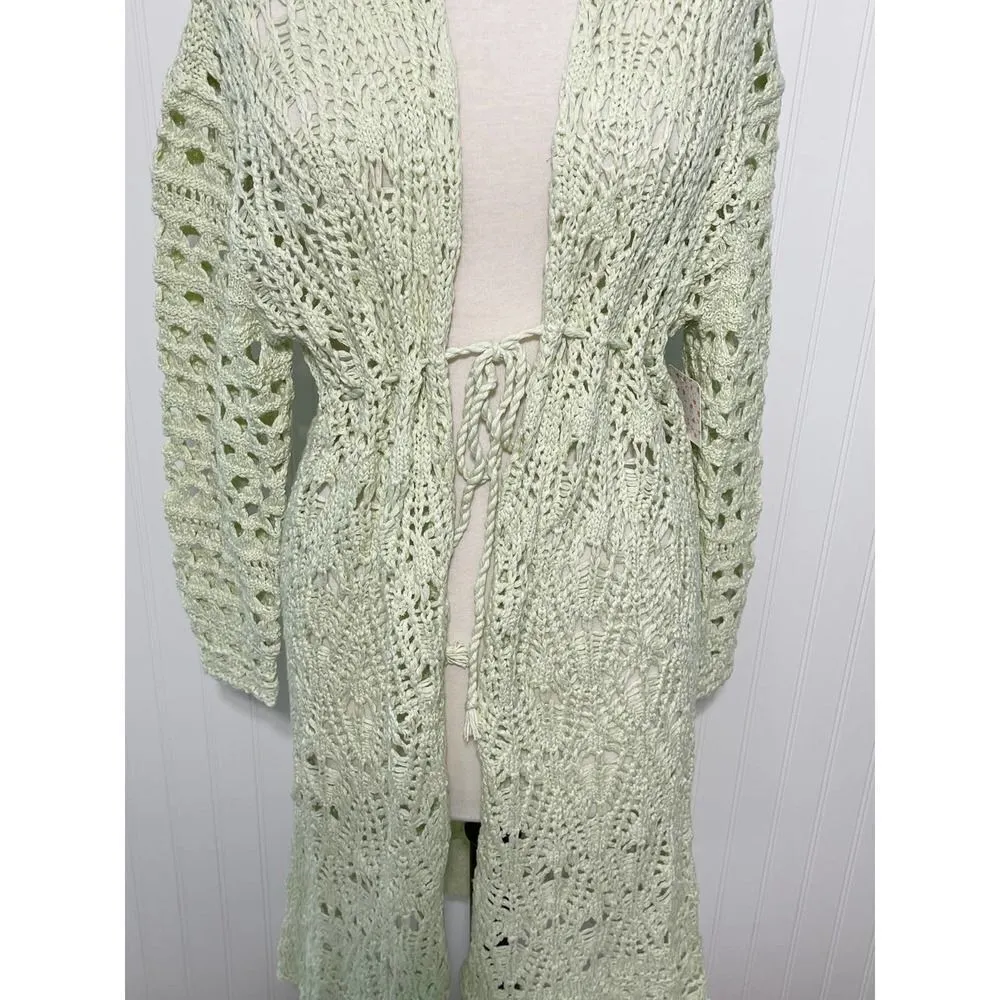 Free People Sweet Talker Long‎ Crochet Cardigan Honeydew Green XS Extra Small - Image 5