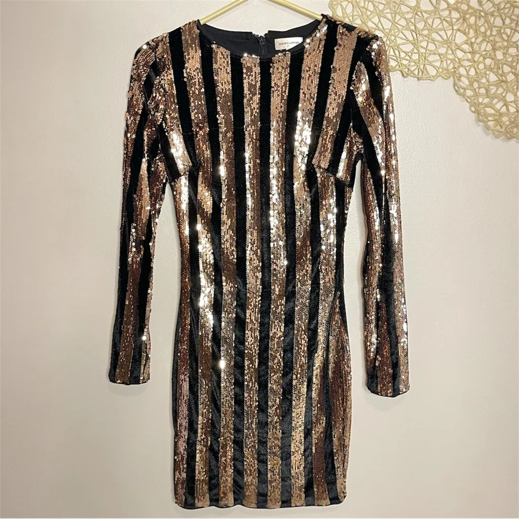 Sunset + Spring Velvet Sequin Striped Long Sleeve Dress - Image 3
