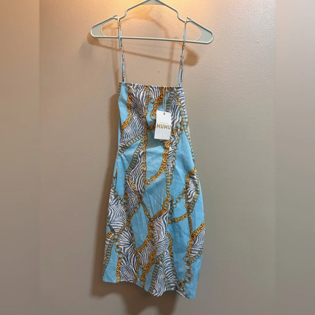 NWT Show Me Your MuMu Blue and Gold Chain Print Dress - Image 3