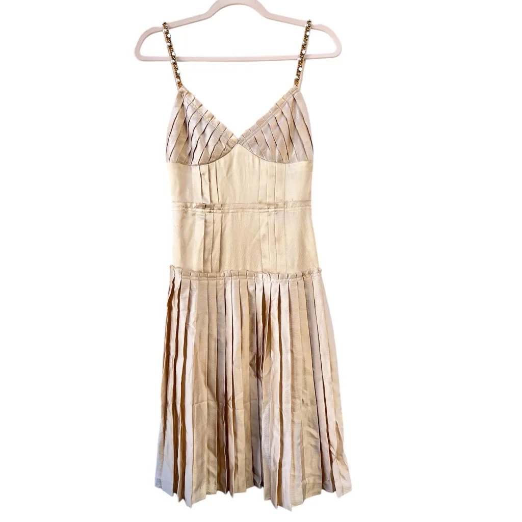 Vintage Milly Gold Silk Sleeveless Pleated Jeweled Cocktail Party Dress Size 2 - Image 2