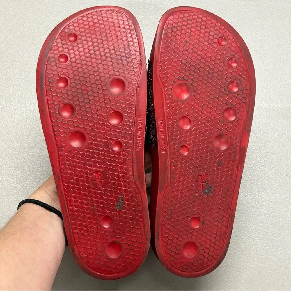 Valentino Red Slides Sparkle Metallic Logo Name Top Sandals Made in Italy Sz 37 - Image 7