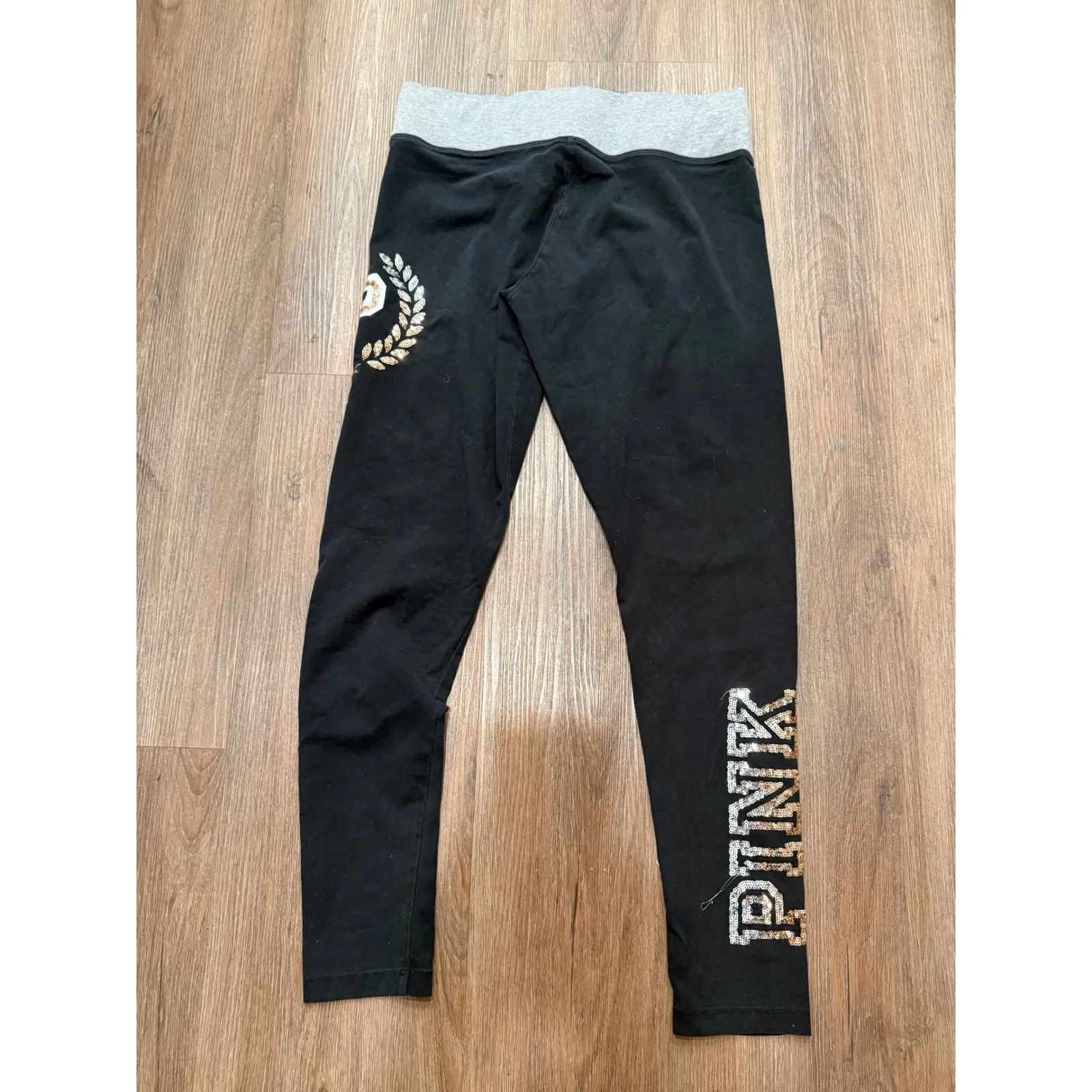PINK Victoria's Secret Yoga Leggings Black Sequins Logo Athletic Pants L Size L - Image 3