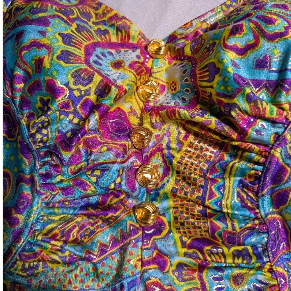 Vtg 1990s Beach Bay Bright Purple Yellow Paisley Floral Ruched Nylon Swimsuit 12 - Image 3