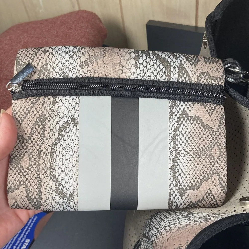 Large Neoprene Snakeskin‎ Tote Bag with Matching Wristlet 14x9.5x11 Brown - Image 2