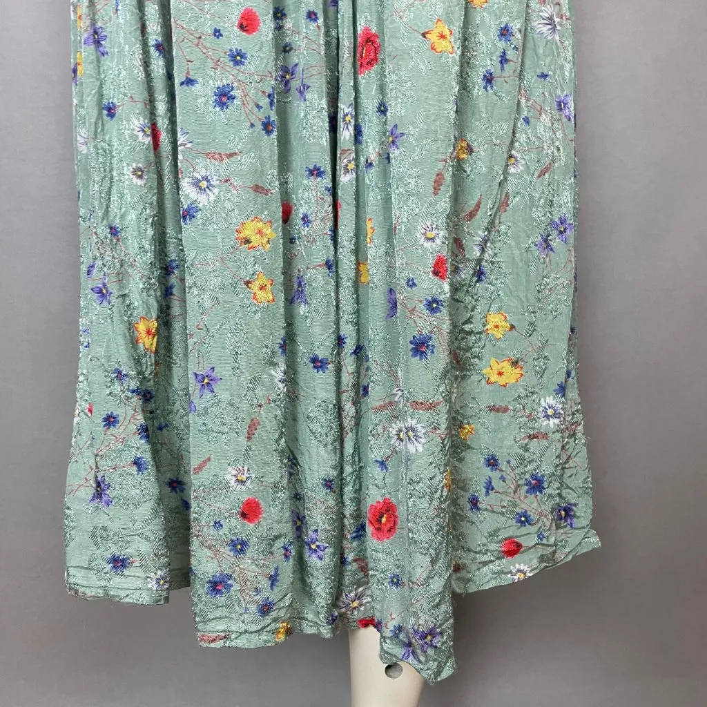 Vintage 90s Broomstick Skirt Floral Midi Elastic Waistband Sz Small Rayon Hippie Green - Image 4