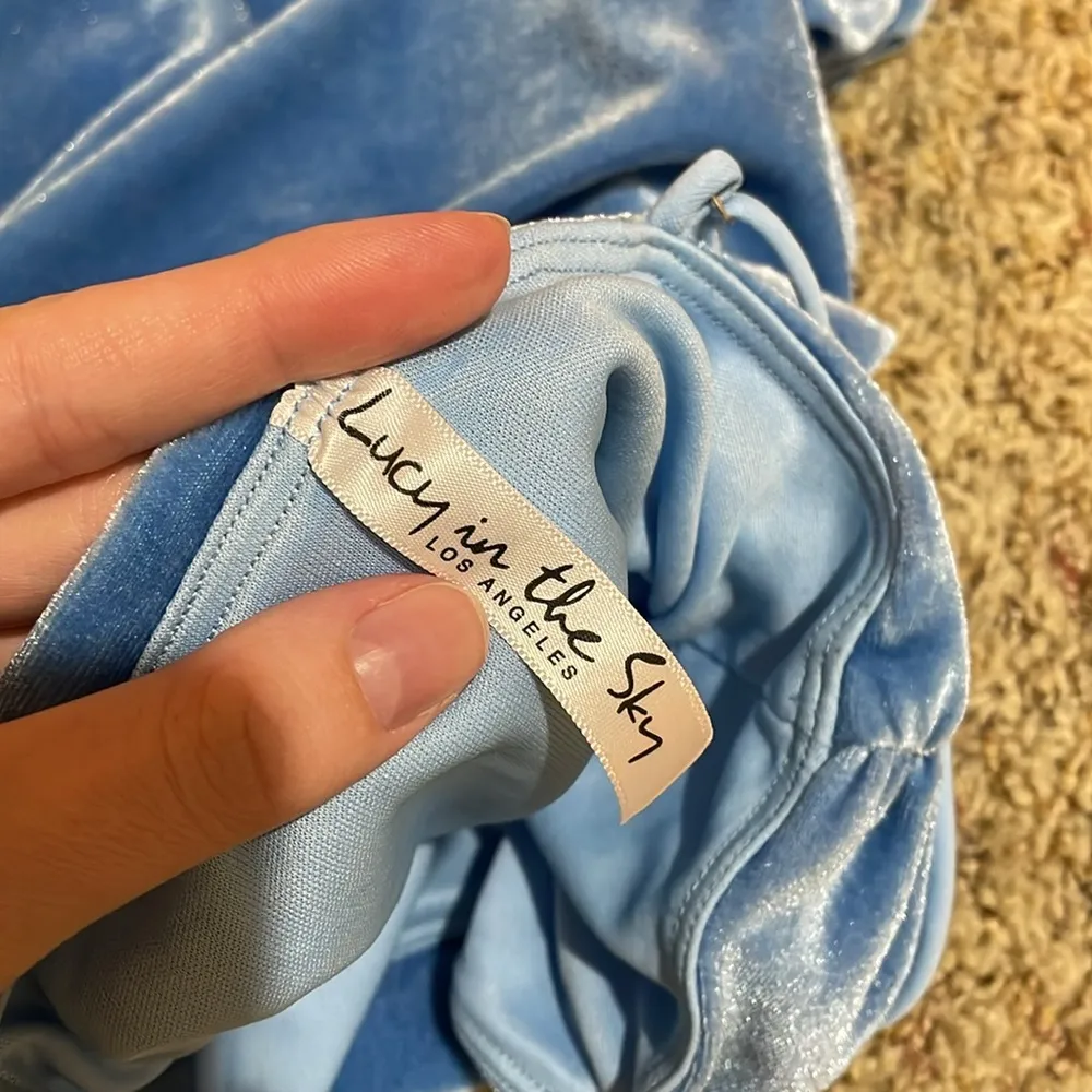 Ruched Velvet Glitter Mini Dress Daydreamer Blue Size Small - Image 9