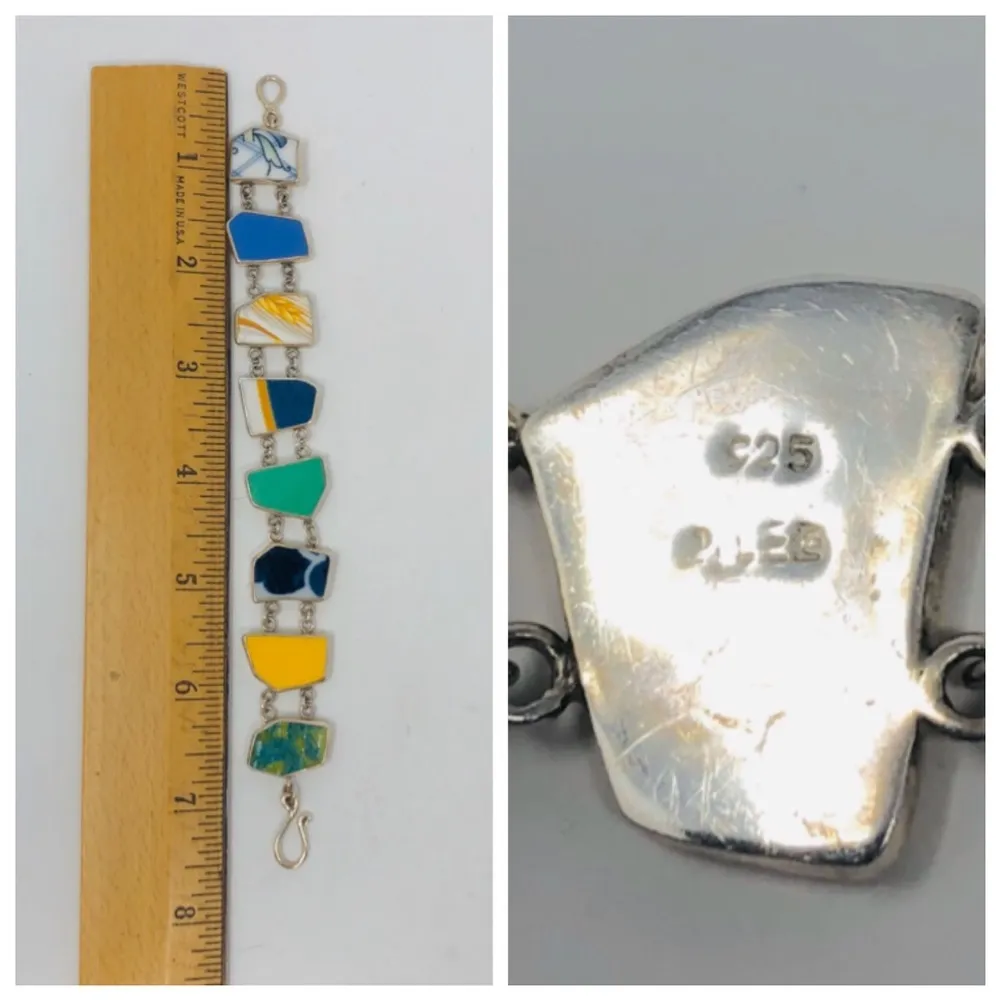 Sterling silver, multi geometric shaped inlaid porcelain, vintage - Image 6