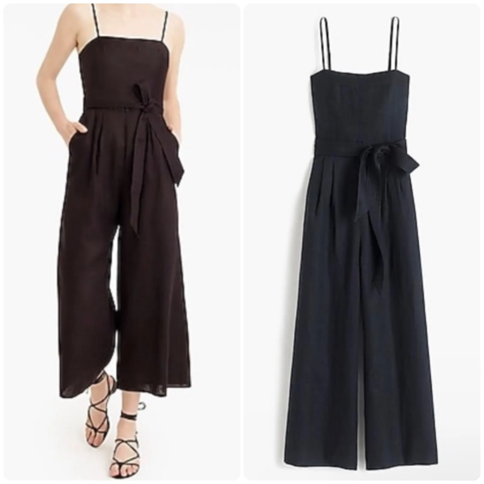 J. Crew Womens Beachy‎ Linen Blend Cropped Wide Leg Belted Jumpsuit Size 4 Black - Image 2