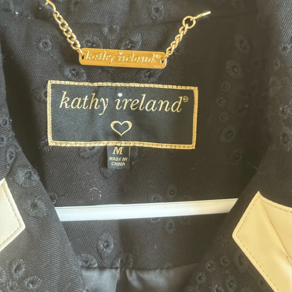 Kathy Ireland Black Double Breasted Trench Coat with White Trim Eyelet Floral - Image 3