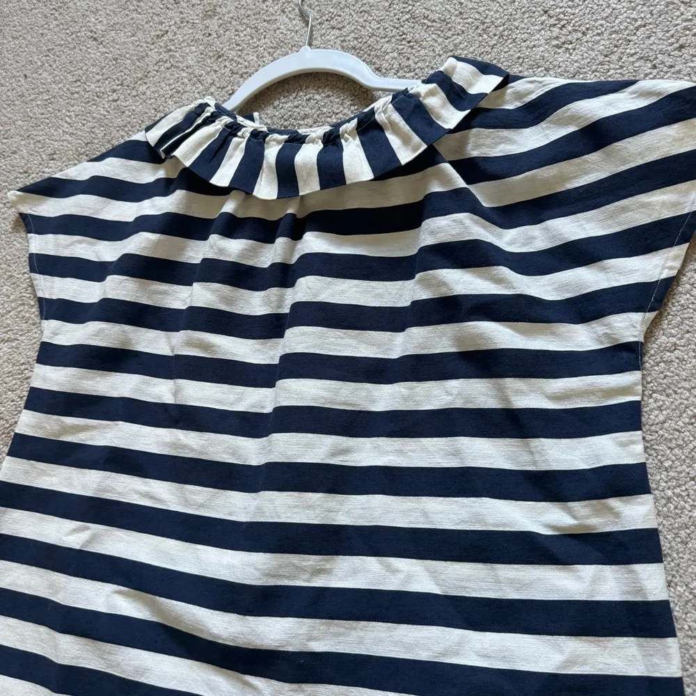 ANN MASHBURN Linen Cotton Top Size XS Navy Blue White Ruffle Tie Blouse Cap - Image 7