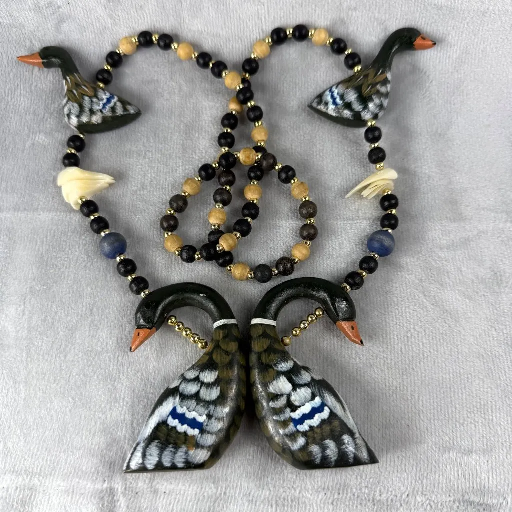 Wood Duck Geese Statement Necklace Beaded Shell Accents Hand Painted Vintage Black - Image 2