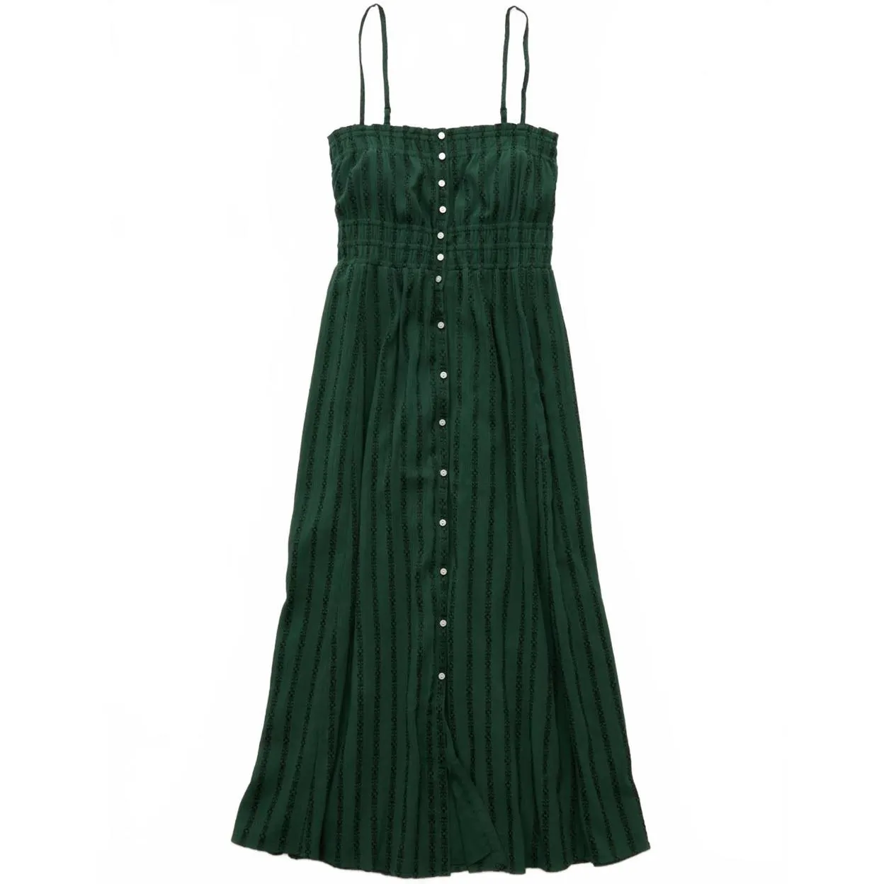 AE Ruched Button-Up Midi Dress American Eagle Green Black Small - Image 3