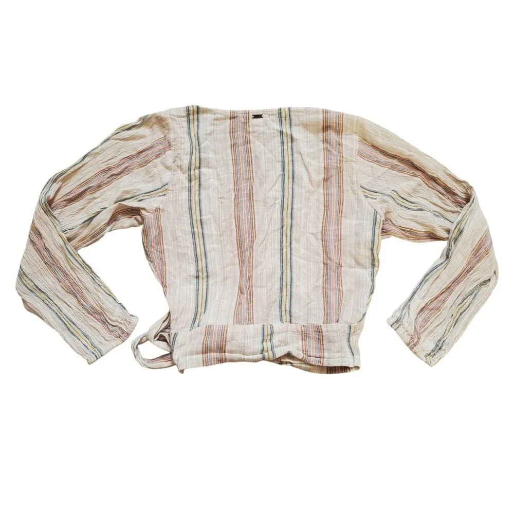 O'neill Blouse Women Small Crop Top Criss Cross Striped Long Sleeve Boho Beach - Image 2