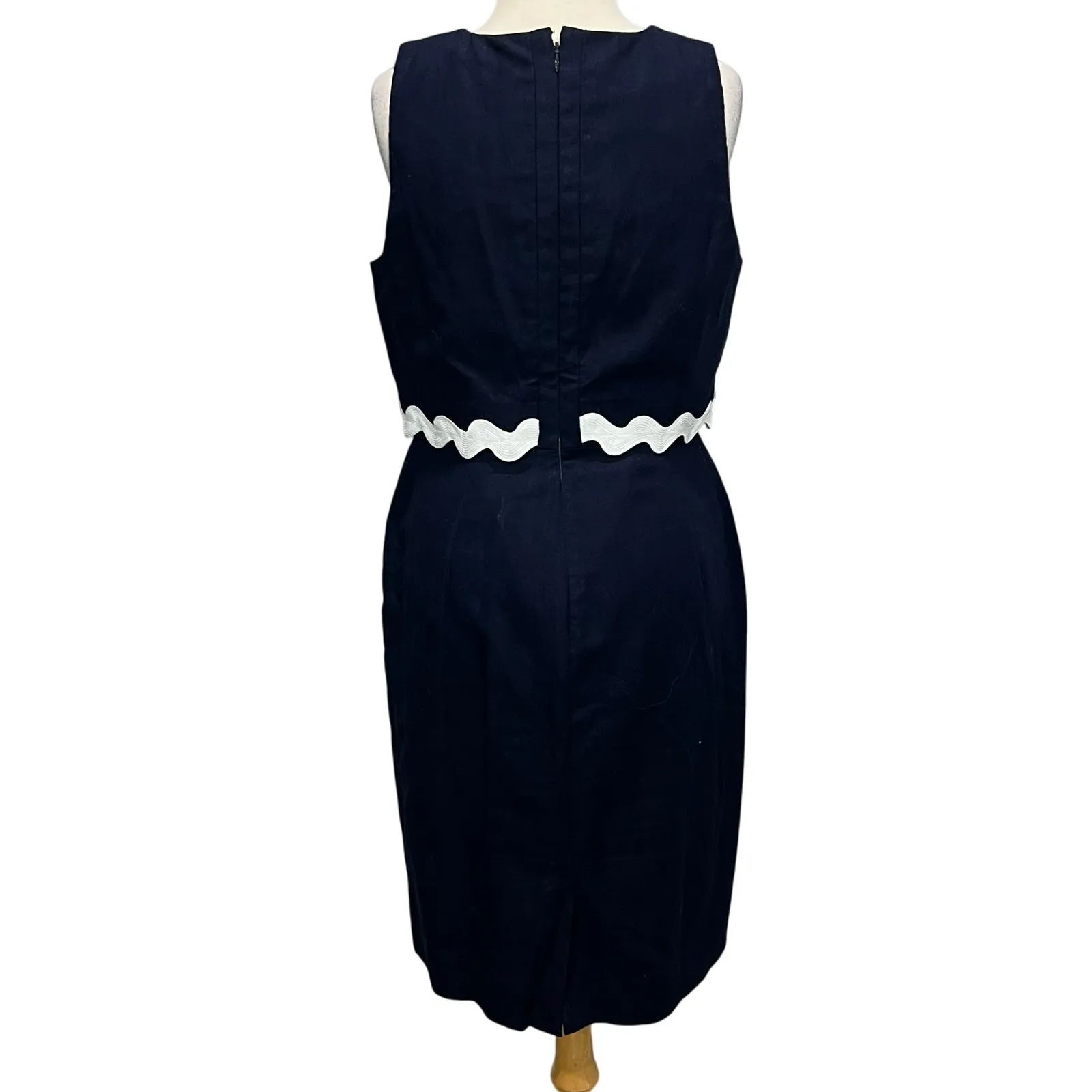 J Crew Sheath Dress Size 8 Blue White Rickrack Trim Linen Blend Classic Preppy - Image 4