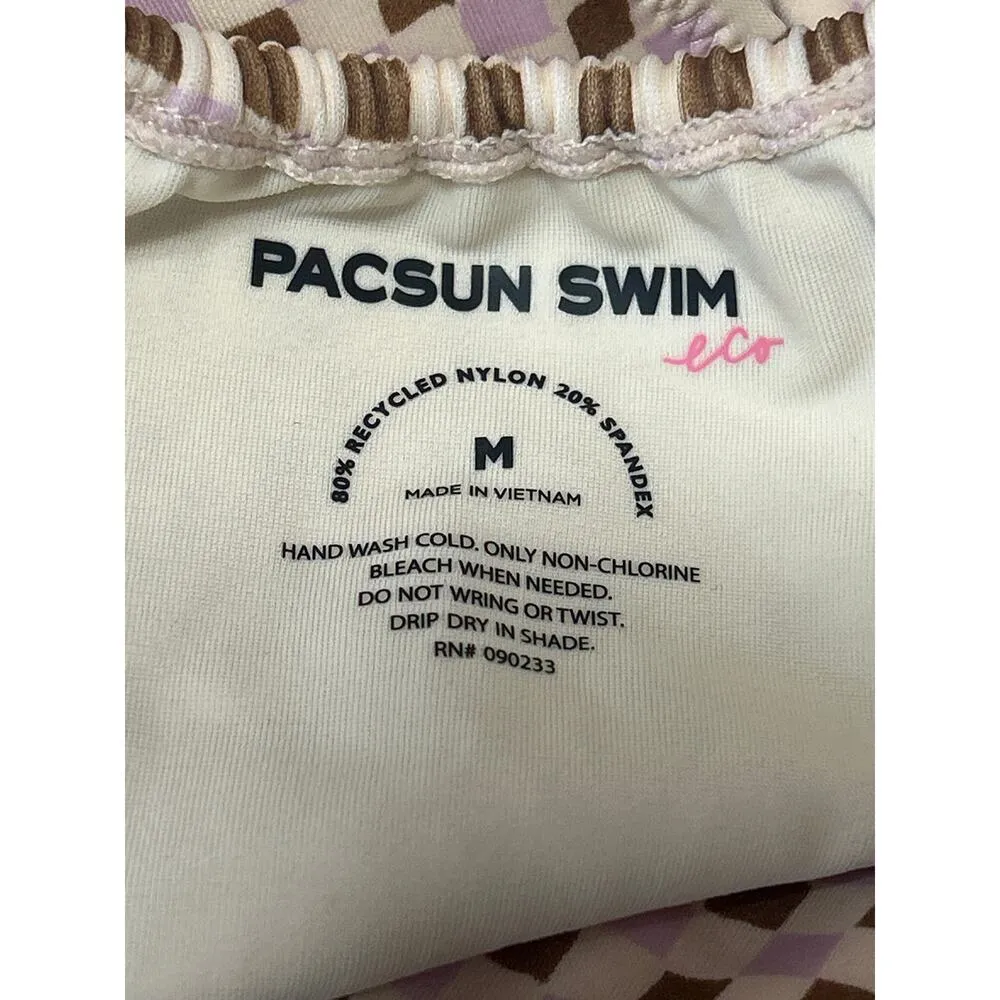 Pacsun Beige Purple Gingham Check Triangle One Piece Bikini Swimsuit Swimwear M - Image 3