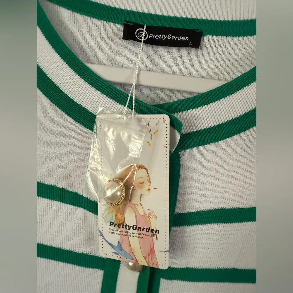 Pretty Garden Striped Short Sleeve Cardigan Sweater Green White Pearl Buttons L Size L - Image 3