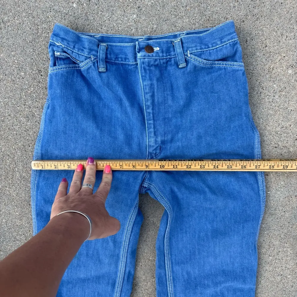 VTG 80s Wrangler Wrapid Transit Blue Jeans Sunset Southwestern Embroidery Pocket - Image 12