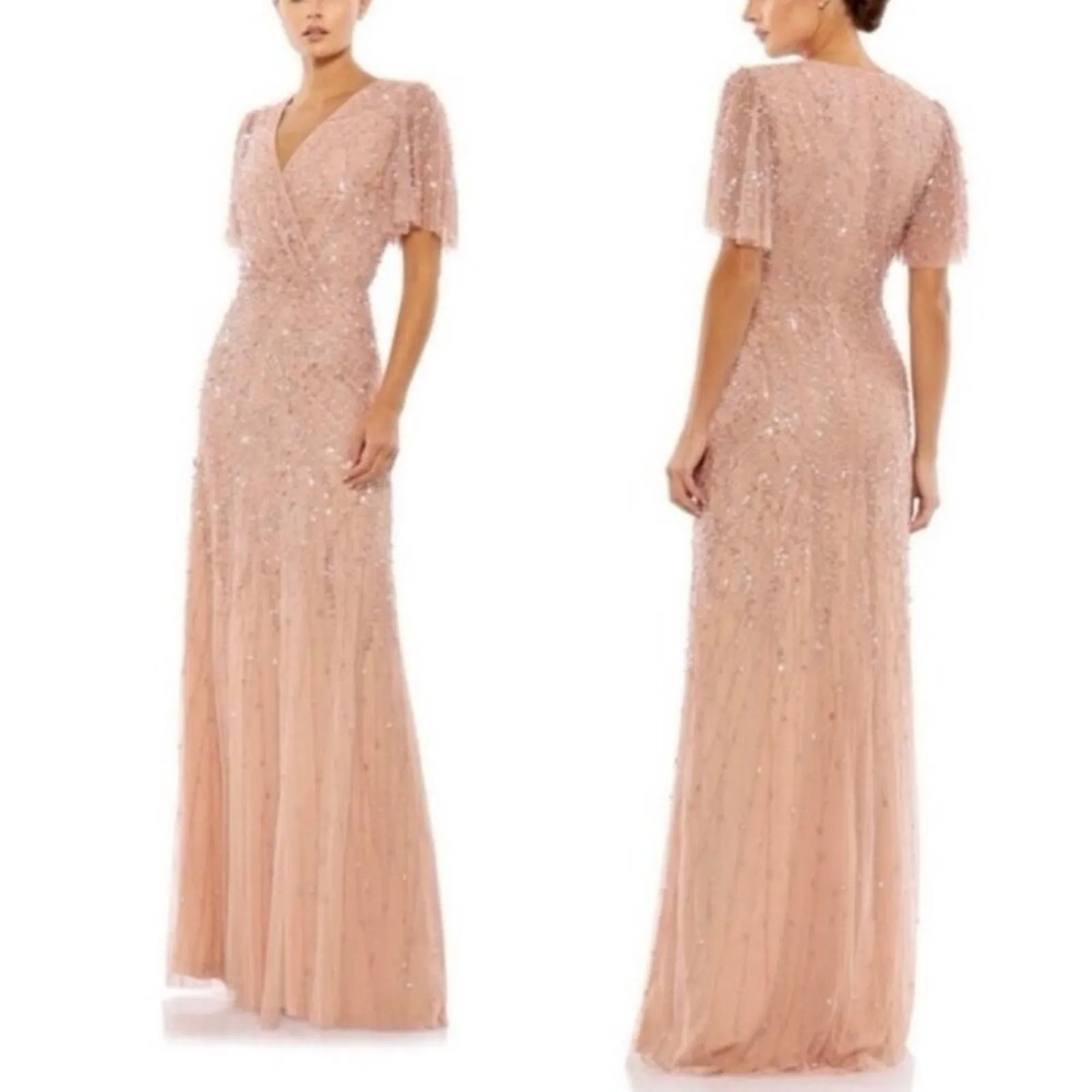 MAC DUGGAL 35109 Beaded Flutter Sleeve Gown in Nude Size 16 New w/ Tag MSRP $698 - Image 2