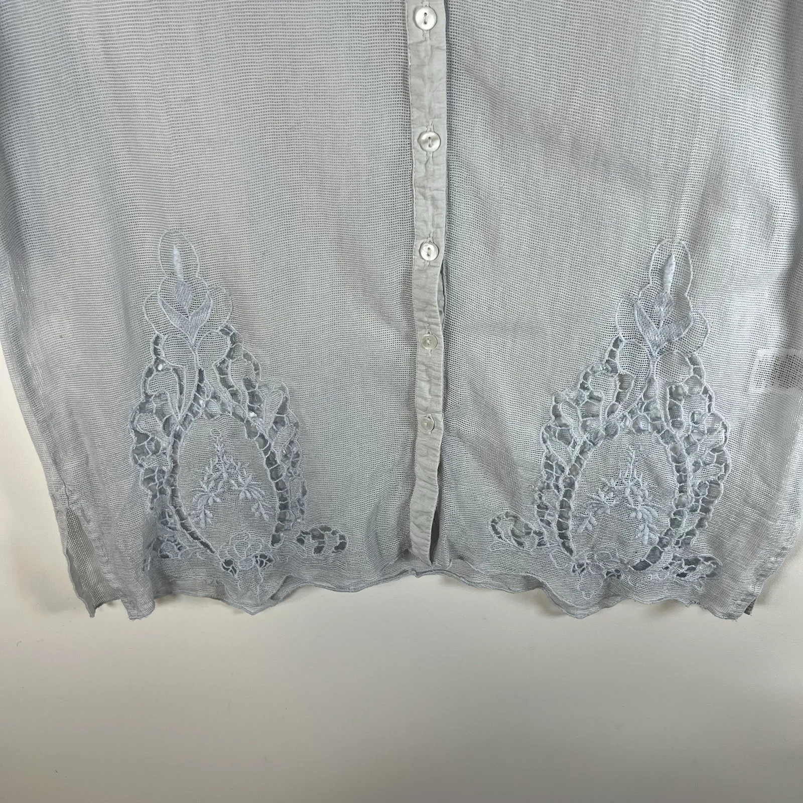 Anthropologie Meadow Rue Mesh Lace Embroidered‎ Shirt Top Sz L Cottagecore Blue Size L - Image 3