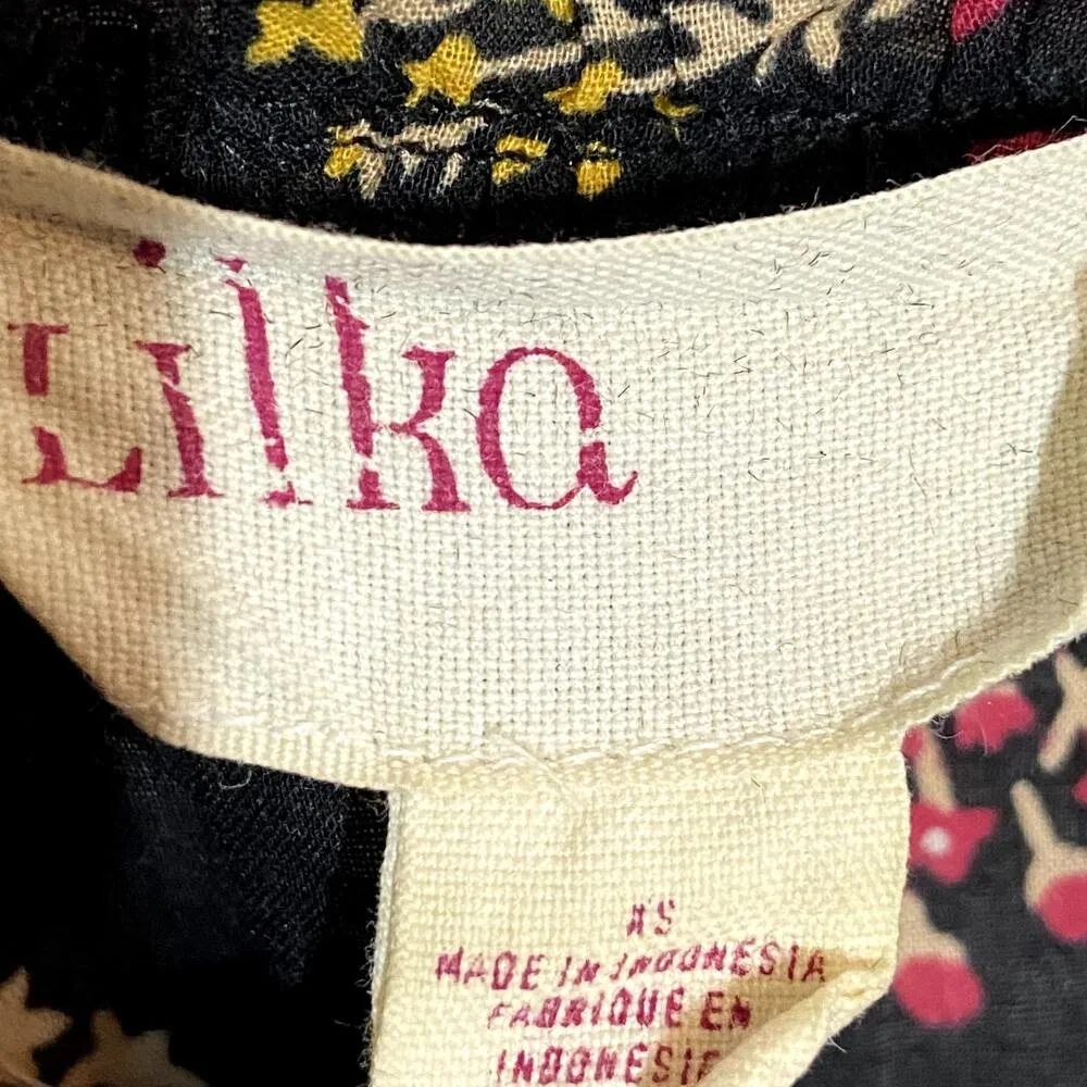 Anthropologie Lilka Tunic Dress V-Neck 3/4 Sleeve Floral Bird Print XS Black - Image 3