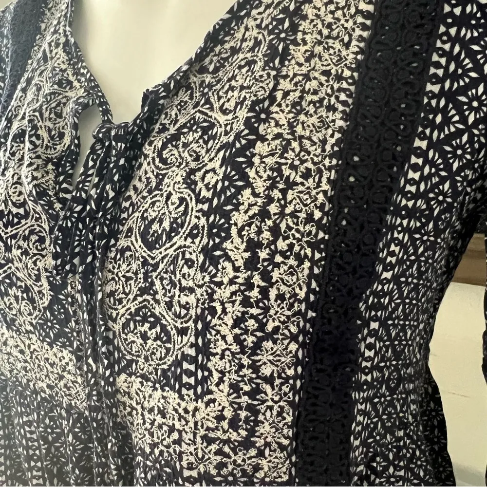 Artesia Boho Dress Casual Mini with Neck Ties Tassels Navy Cream Size S - Image 7