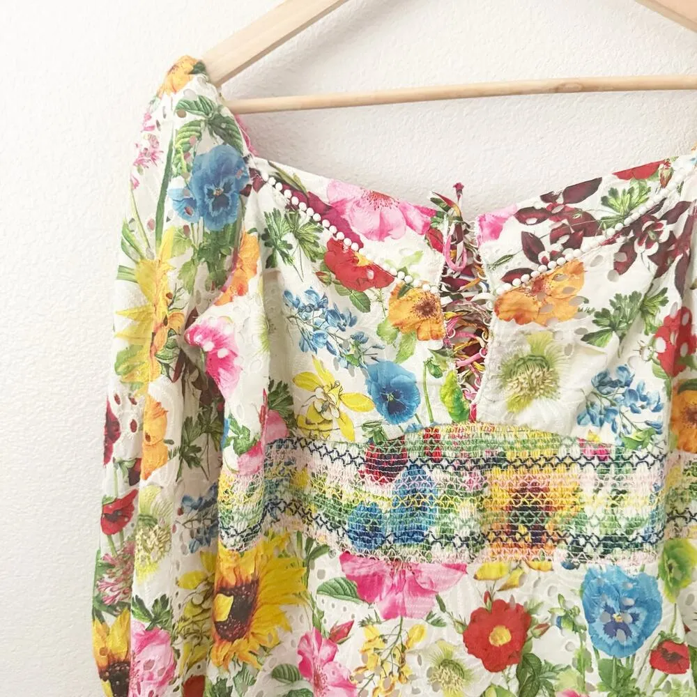 ALICE + OLIVIA | Crawford Sweetheart Mini Dress Smocked Puffed Sleeve | Size 12 - Image 5