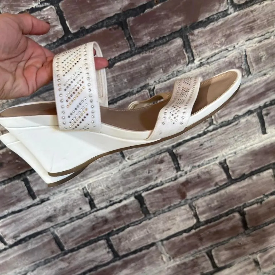 Impo White Rhinestone Wedge Sandals Y2K Strappy Platform Womens 6.5 7 - Image 2