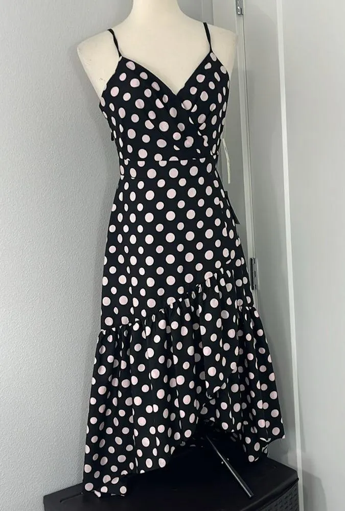 New Eliza J Size 2 Black, Pink Polka Dot Midi V-Neck Asymmetrical Hem Dress - Image 3