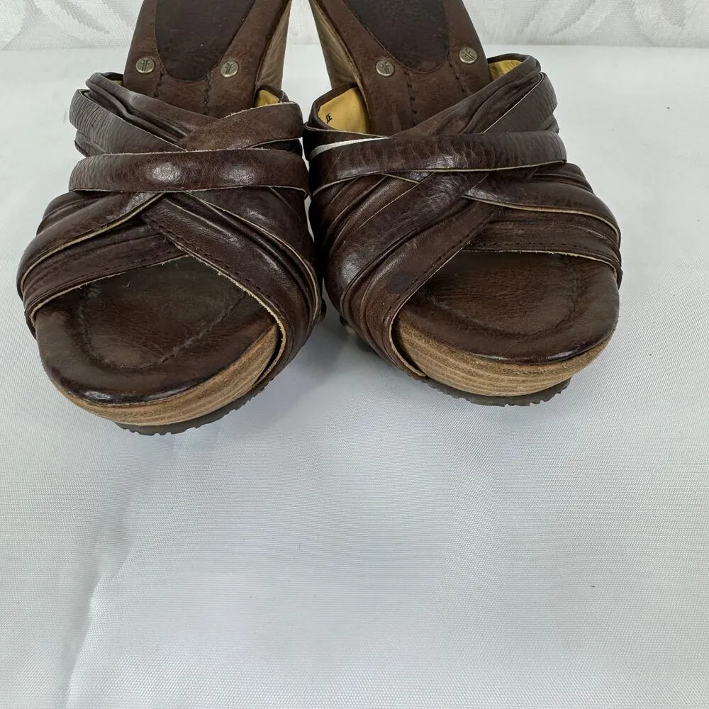 Frye Brown Leather Reese Multi Slide Heels 7.5 Stacked Cone Heel Slip On Sandals - Image 7