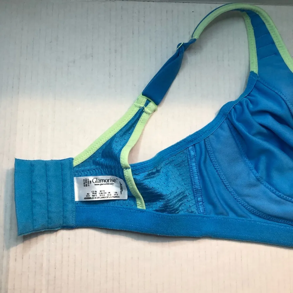 Glamorise Sports Bra Elite Performance Double Layer Bra Blue & Green Sz 34D GUC - Image 11