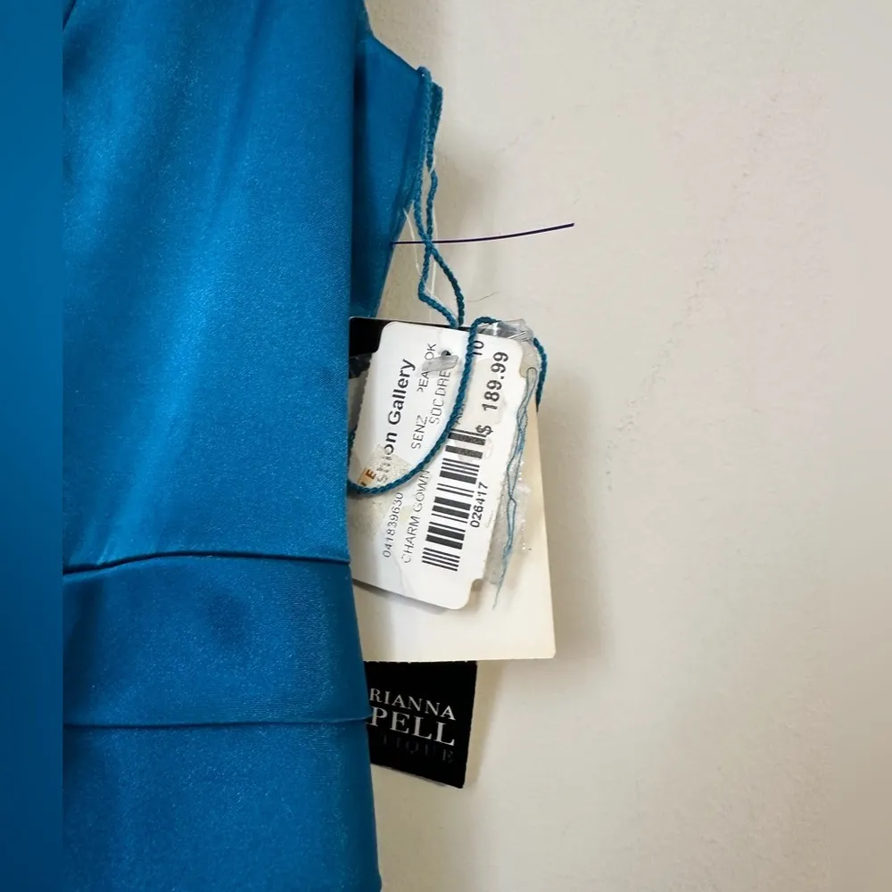 NWT Adrianna Papell boutique embellished peacock gown prom dress satin finish - Image 5