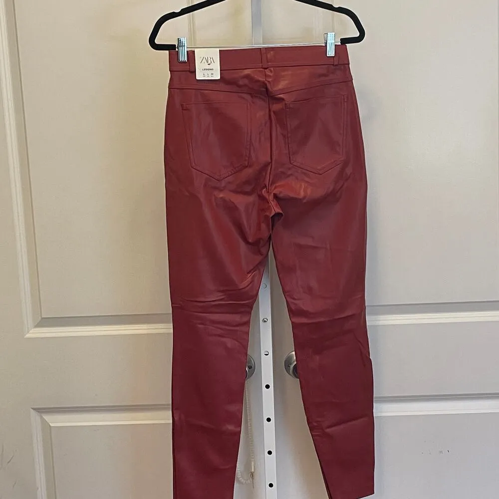 NWT Zara Faux Leather Pants/Leggings - Women Size L - Red - Image 8