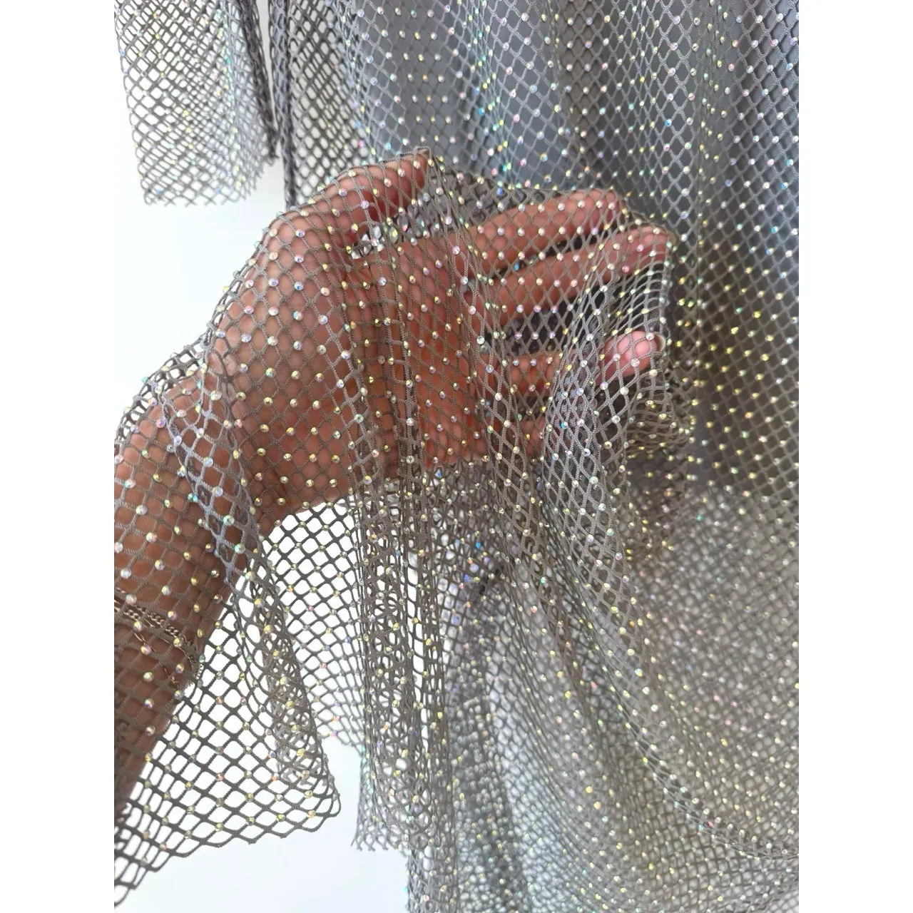 House of Harlow 1960 Grey Fishnet Rhinestone Long Sleeve Midi Dress Size S NWOT Gray - Image 8