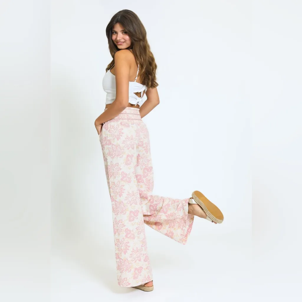 Rewash Light Pink Floral Smocked Waist Wide Leg Pants Size Small - Image 4