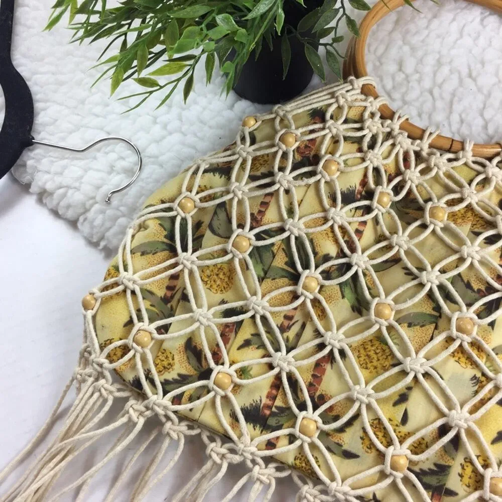 Vintage Macrame Pineapple Print Fringe Beaded Boho Handle Bag Yellow - Image 5