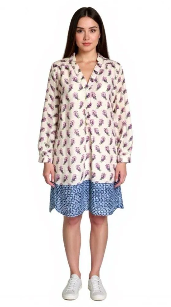 Zara Woman Cream & Purple Floral Geometric Silk Blend High Low Shirt Dress - Image 2