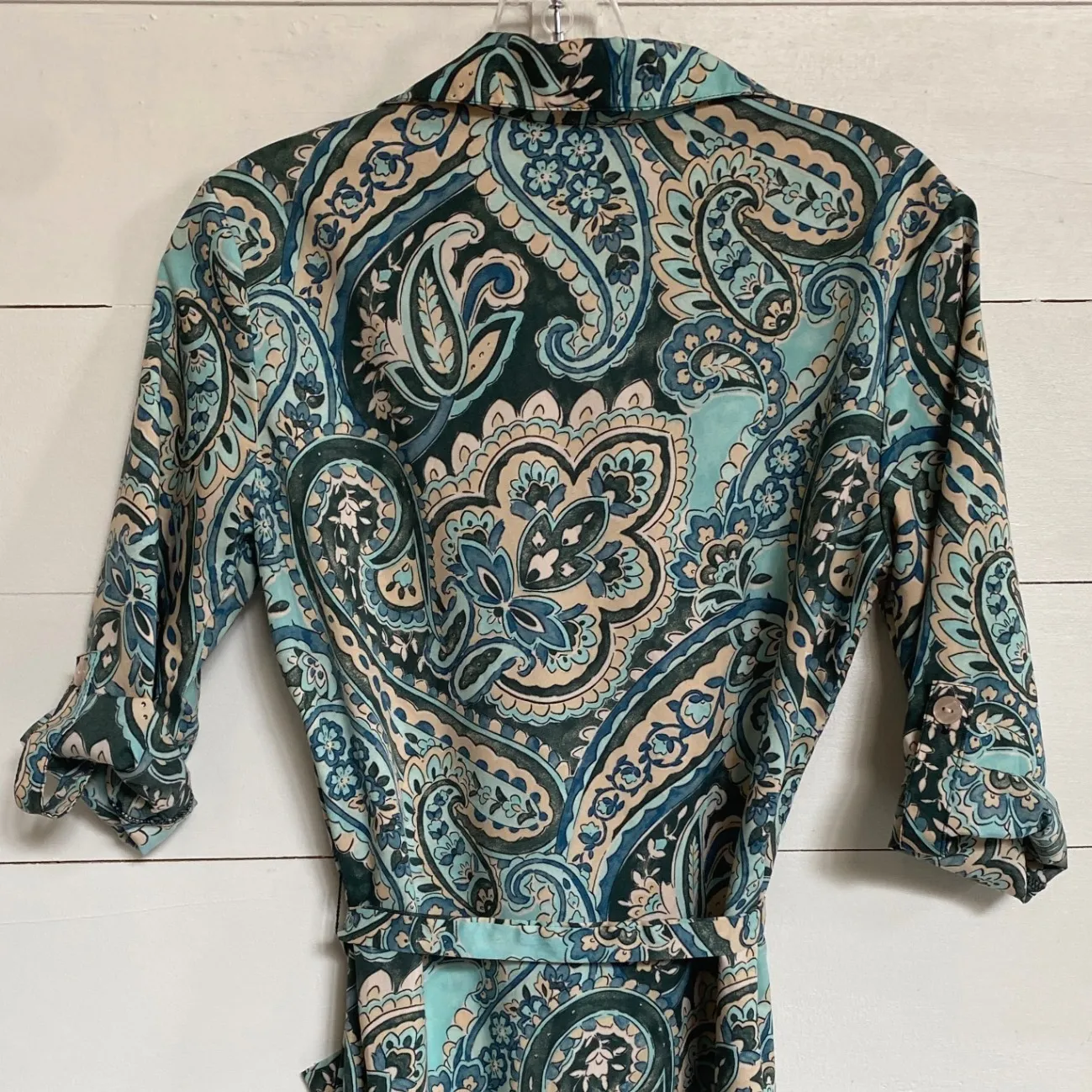 Mlle Gabrielle Paisley Aqua Teal/Tan Shirtdress W/ Tie Belt‎ - S EUC - Image 7