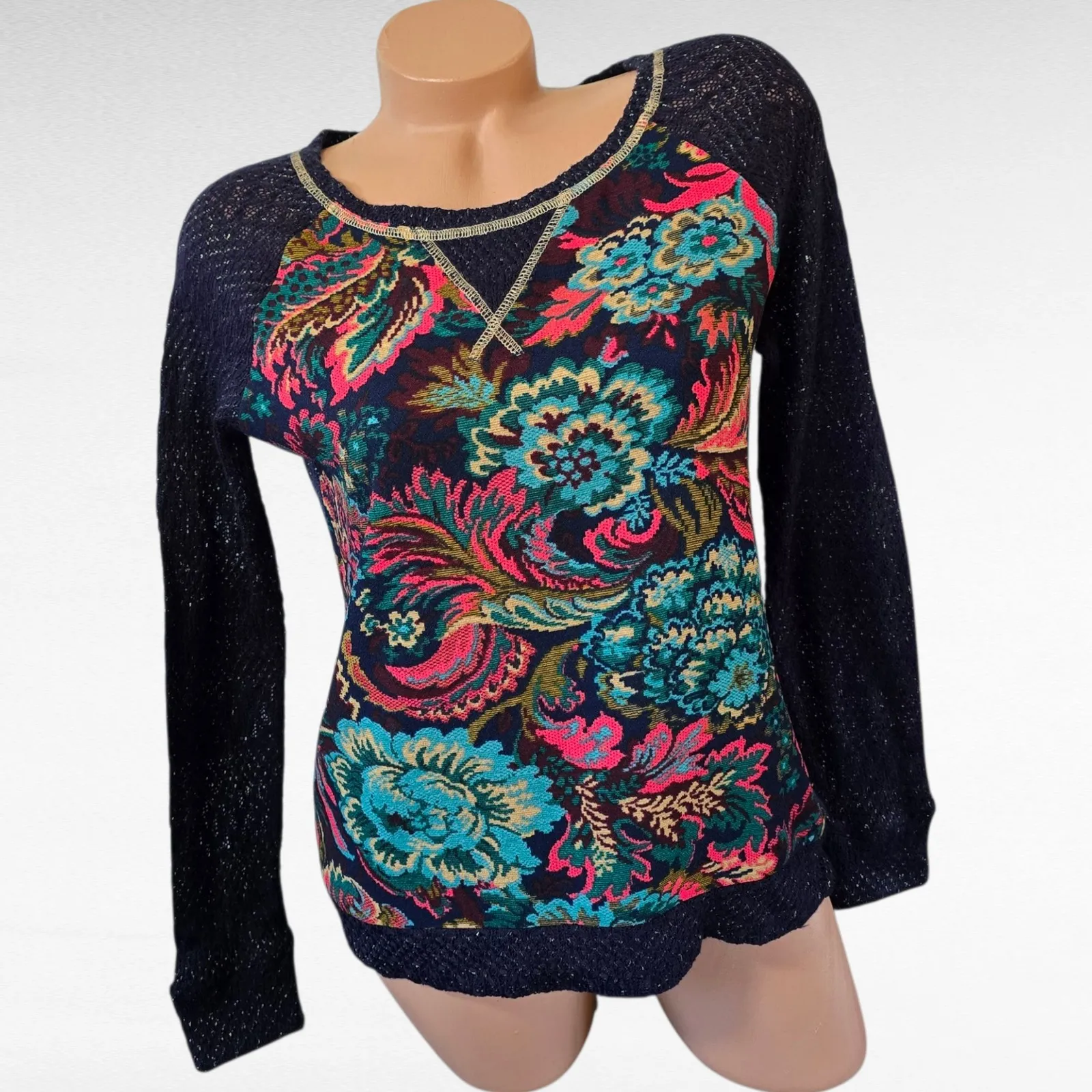 Miss Me Floral Print Embellished Elbow Patch Sweater Knit Small Boho - Image 2